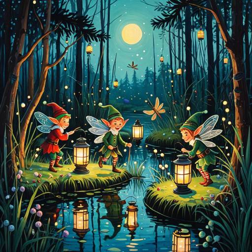 Whimsical Elves Lighting Lanterns in Enchanted Swamp