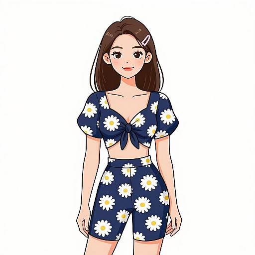 Digital anime-style drawing of a smiling young woman with brown hair, wearing a navy blue floral crop top and shorts.