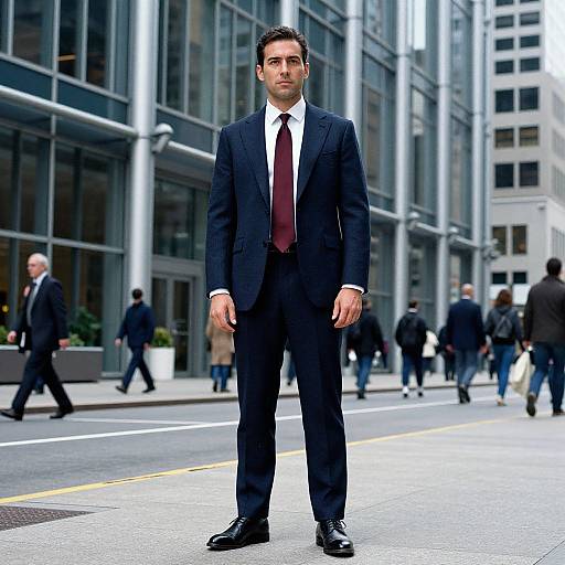 Confident Man in Navy Suit on City Street