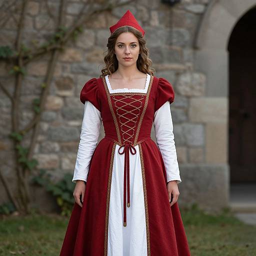 Photograph of a young woman with curly brown hair, wearing a red and white medieval-style dress with a red hat, standing in front of a stone