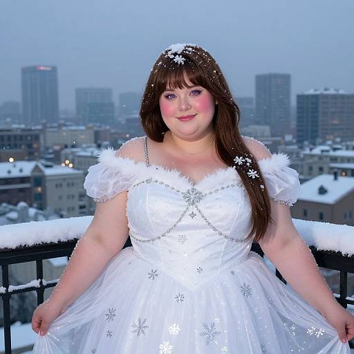 Photograph of a plus-size woman with fair skin, brown hair, and pink cheeks, wearing a snowy white off-shoulder winter dress, standing