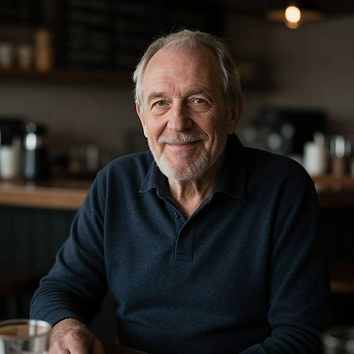 Smiling Old Man at Coffee Bar