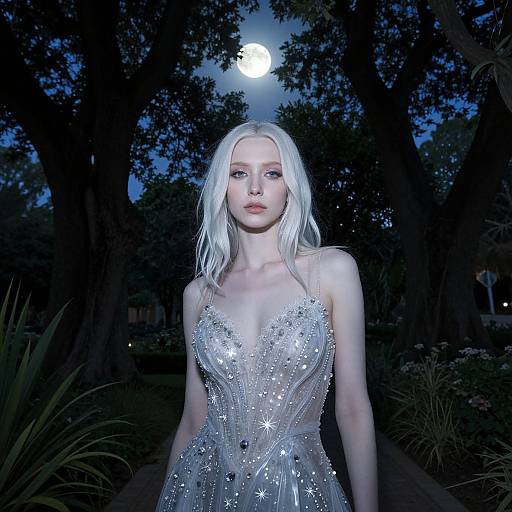Photograph of a fair-skinned, blonde woman with blue eyes, wearing a sparkling, silver, low-cut evening gown, standing in a moonlit
