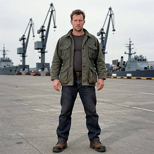 Photograph of a muscular, bearded man in a green jacket and black shirt, standing on a concrete dock with cranes and ships in the background