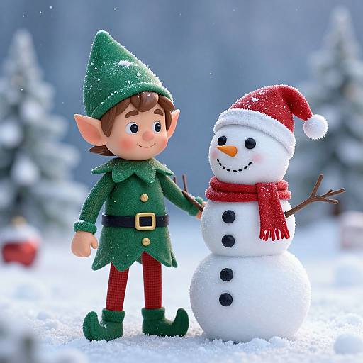 Photograph of a cheerful elf in green outfit and hat standing beside a snowman with red scarf in a snowy forest.