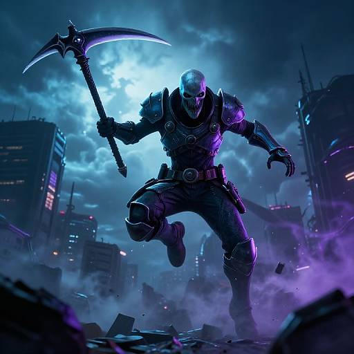 Cyborg warrior with glowing blue helmet, wielding scythe, stands in smoky, neon-lit city ruins under a bright, cloudy moon. Digital