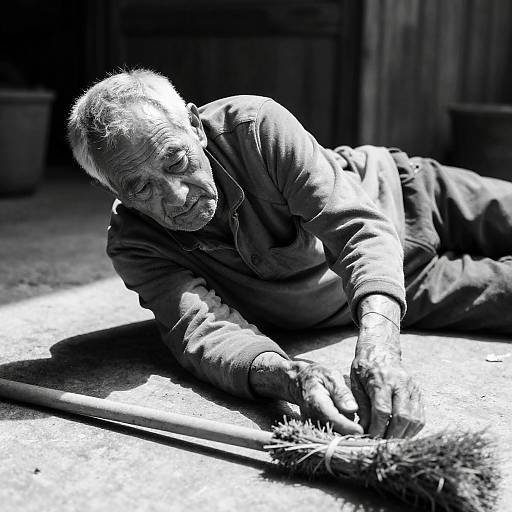 Elderly Man Stretching for a Broom