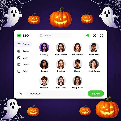 Halloween-themed digital image of a contact list with 12 profiles, surrounded by carved pumpkins, white ghosts, and spider webs.