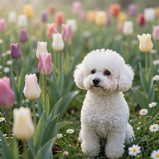 Calm Poodle in Blooming Field
