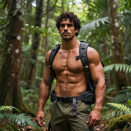 Photograph of a muscular, shirtless man with curly dark hair, wearing green pants and a black backpack, standing in a lush, green forest.