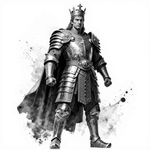 Monochromatic digital illustration of a muscular, stern-faced king in detailed medieval armor with a crown, standing against a splattered white background.