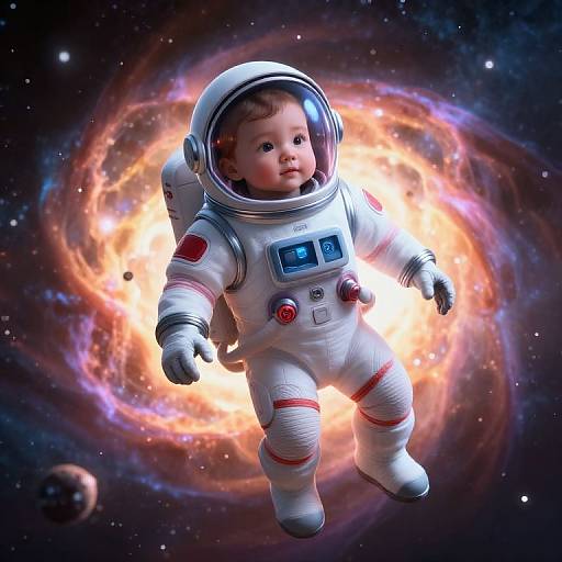 Digital artwork of a cute baby in a white astronaut suit floating in space, surrounded by a colorful, swirling galaxy.