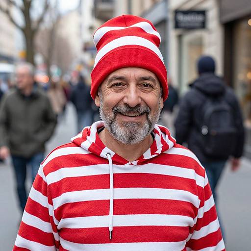 Photograph of a smiling middle-aged man with gray beard, wearing a red and white striped hat and matching hoodie, standing on a busy city street with