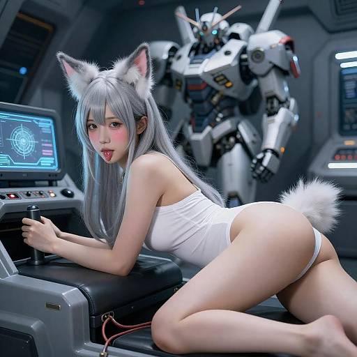 Sci-Fi Anime Girl in Cockpit with Mecha Robot