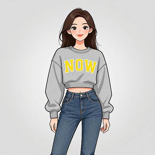 Digital anime-style drawing of a smiling young woman with long brown hair, wearing a gray 