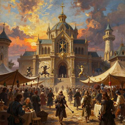 Fantasy medieval fair at a grand, ornate castle with statues, colorful sunset, bustling crowd, market stalls, and castle towers. Digital painting.
