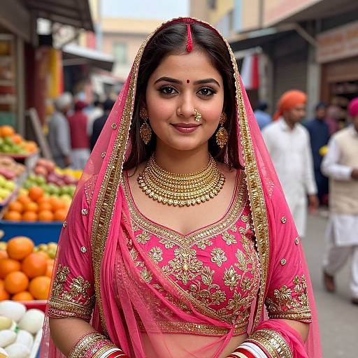 Photograph of an Indian bride in a vibrant pink saree with gold embroidery, traditional jewelry, and a red bindi, standing in a bustling market