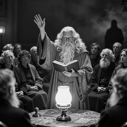 Elderly Wizard in Black and White Scene