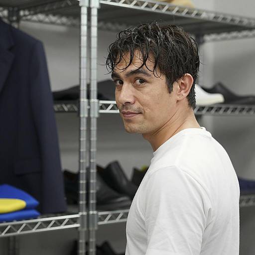 Man in White Shirt with Shelving Background