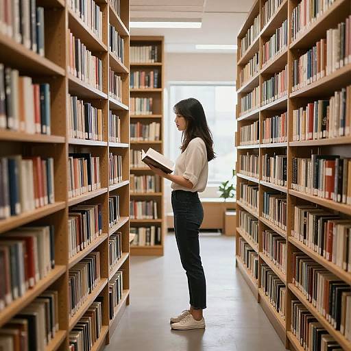 Photograph of a young woman with long black hair, wearing a white blouse and black pants, standing in a library aisle, reading a book, surrounded