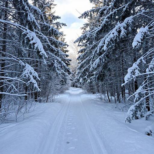 Photograph of a snow-covered forest pathway, flanked by towering, snow-laden pine trees, with a bright, cloudy sky overhead.