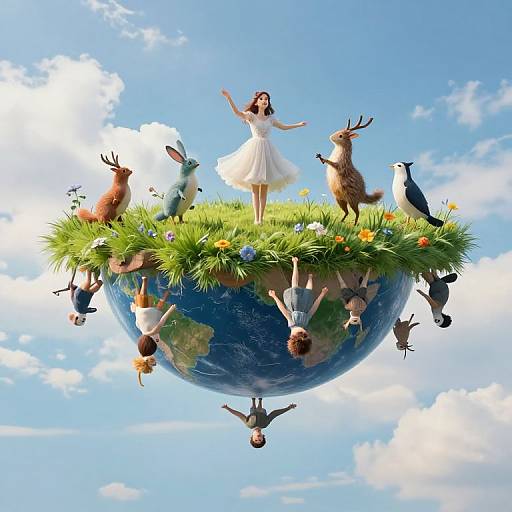 Digital artwork of a girl in a white dress standing on a floating, grassy Earth, with animals hanging upside down, blue sky background. Whims