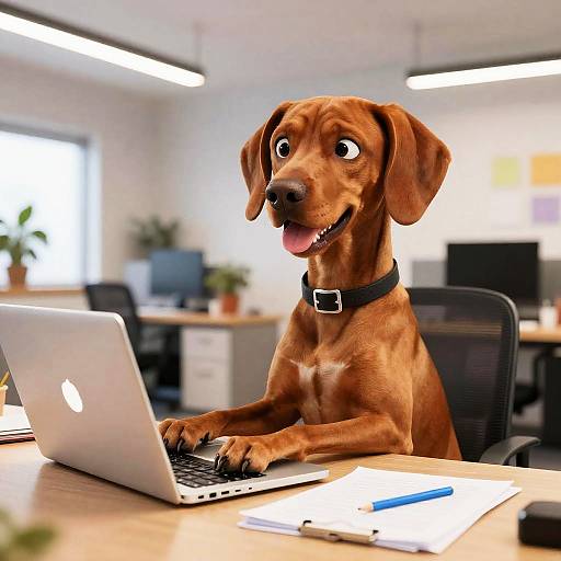 Cartoon Vizsla Dog Working on Laptop in Office