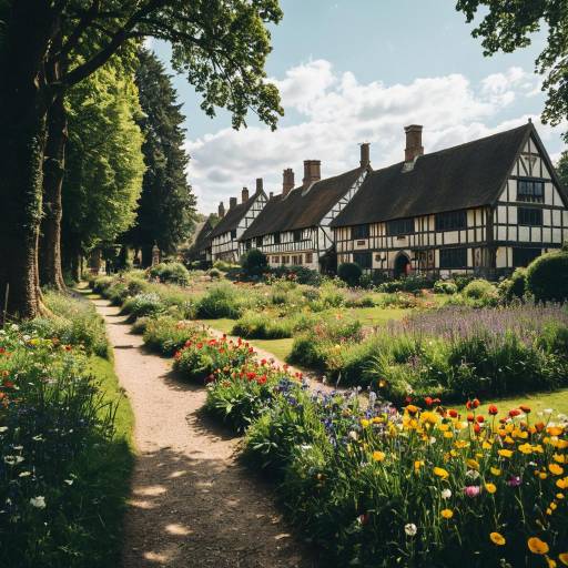 English Tudor Cottages with Colorful Flower Garden