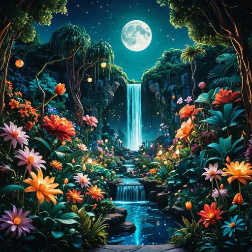 Lunar Garden with Moonlit Waterfalls