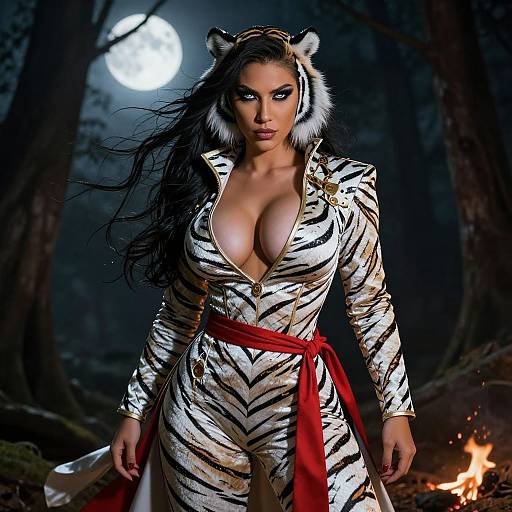Photorealistic digital art of a voluptuous woman with tiger ears, large breasts, and black hair, wearing a zebra-print, low-cut jumps