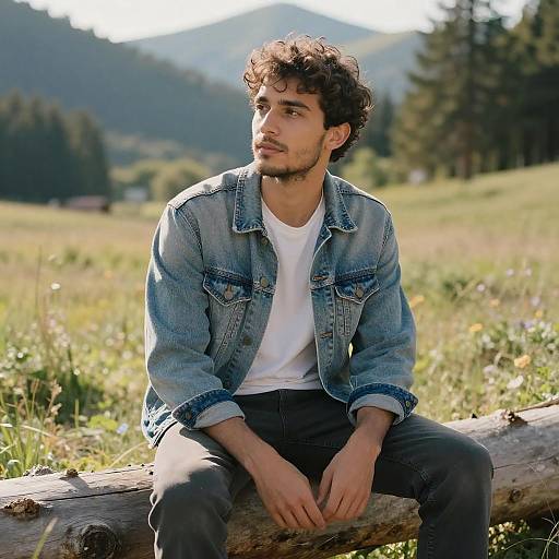 Young Man in Denim Jacket in Meadow