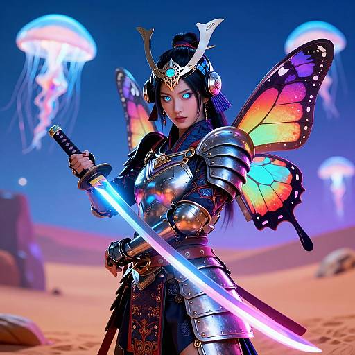 Digital art of a fierce, blue-eyed female warrior with butterfly wings, wearing metallic armor and holding a glowing sword, against a desert backdrop with jellyfish
