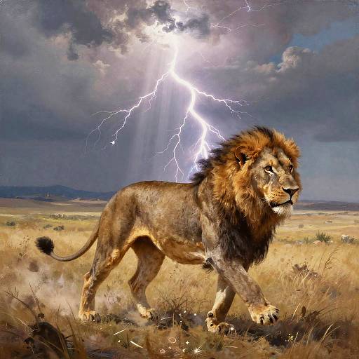 Photograph-realistic digital painting of a majestic male lion with a dark mane standing in a grassy savanna during a dramatic lightning storm.