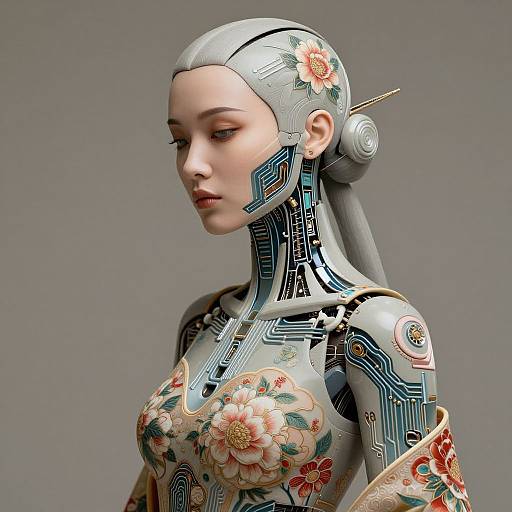 Digital artwork of a futuristic humanoid woman with pale skin, floral-patterned cybernetic armor, metallic hair buns, and intricate circuitry designs.