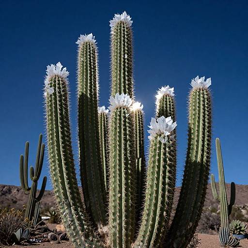 Photograph of tall, green, spiny cacti with white flowers at the tops against a clear, vibrant blue sky in a desert landscape.