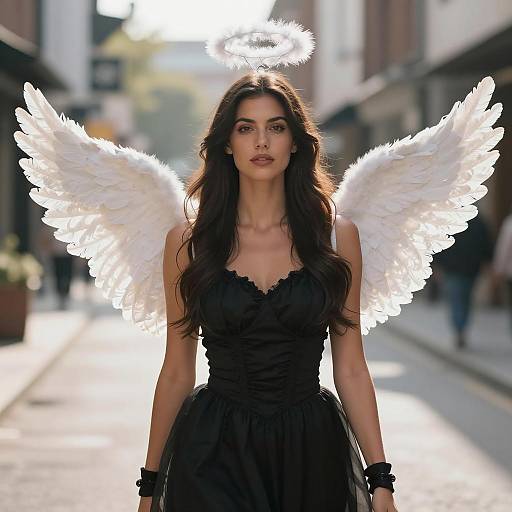 Woman in Black Angel Costume with White Feathered Wings
