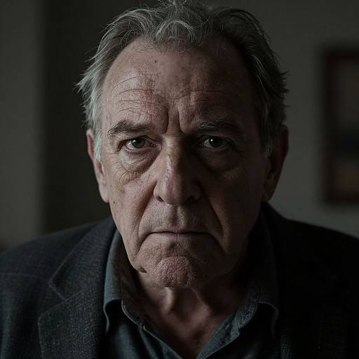 Photograph of an elderly man with gray hair, deep wrinkles, and serious expression, wearing a dark blazer over a gray shirt, in dim,