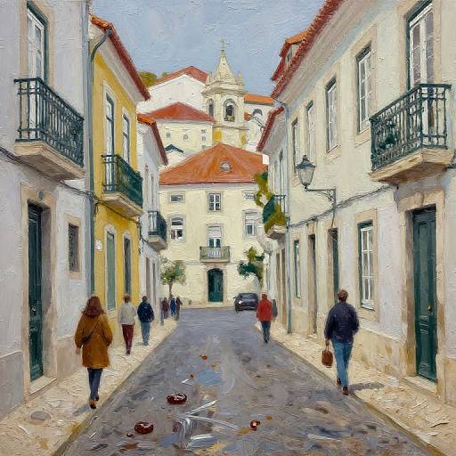 Digital painting of a narrow European street with pastel-colored buildings, red-roofed church in background, people walking, scattered autumn leaves.