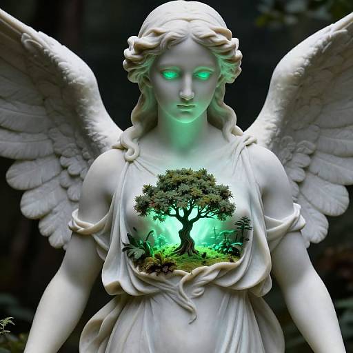 Photograph of a white marble angel statue with glowing green eyes, large wings, and a tree with green, glowing light inside its trunk.