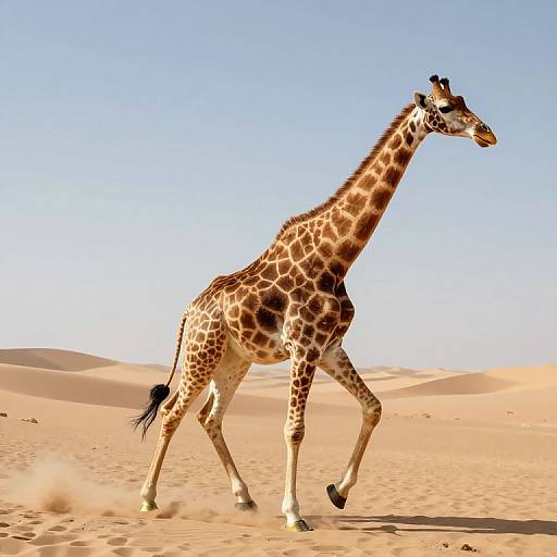 Photograph of a graceful giraffe walking in a sunlit, sandy desert with clear blue sky, showcasing its distinctive brown and white patterned coat.