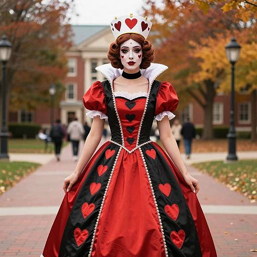 Digital artwork of a fair-skinned woman in a red and black heart-patterned Alice in Wonderland dress, with white lace collar, red hearts crown,