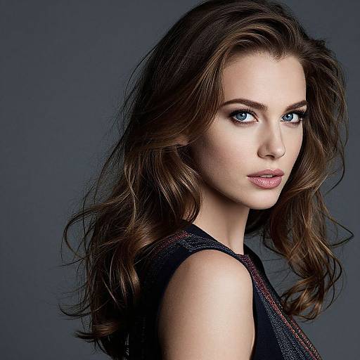 Photograph of a beautiful woman with striking blue eyes, wavy brown hair, and a subtle smile, wearing a sleeveless black top against a dark