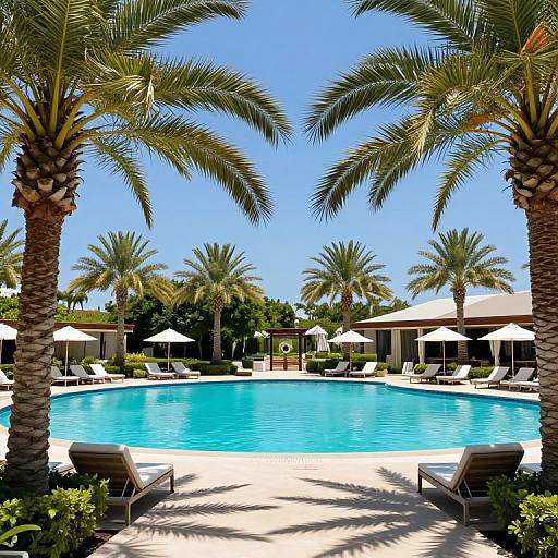 Photograph of a luxurious tropical resort pool, framed by tall palm trees, with clear blue water, white sun umbrellas, and sun loungers under