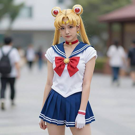 Photograph of a young Asian woman cosplaying Sailor Moon, wearing a white sailor uniform with blue trim, red bow, and blonde twin buns,