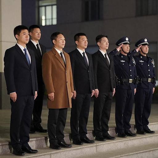 Urban Nighttime Gathering of Men in Suits