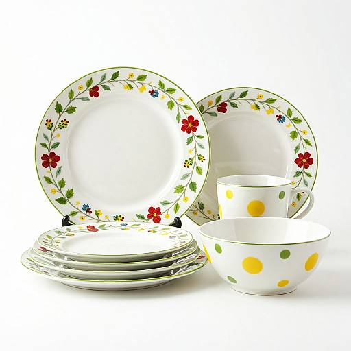 Photograph of a white ceramic set featuring floral and polka dot designs, including plates, bowls, and a cup, arranged against a white background.