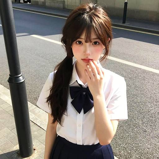 Photograph of a young Asian woman with long brown hair in a ponytail, wearing a white blouse and black bow, standing on a sunlit street