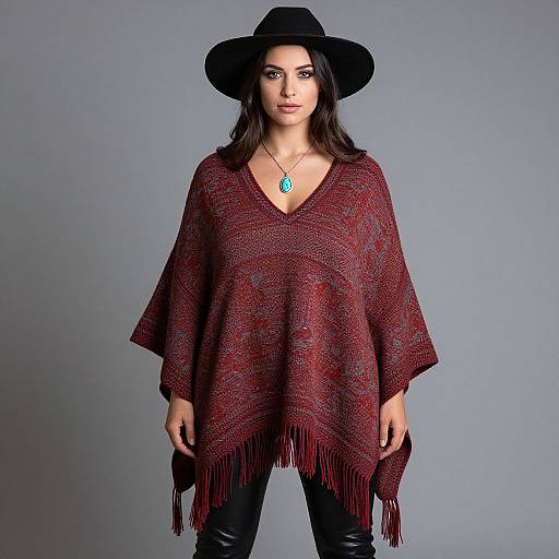 Photograph of a woman with long dark hair, wearing a black hat and red, fringed, patterned shawl over black leather pants, with