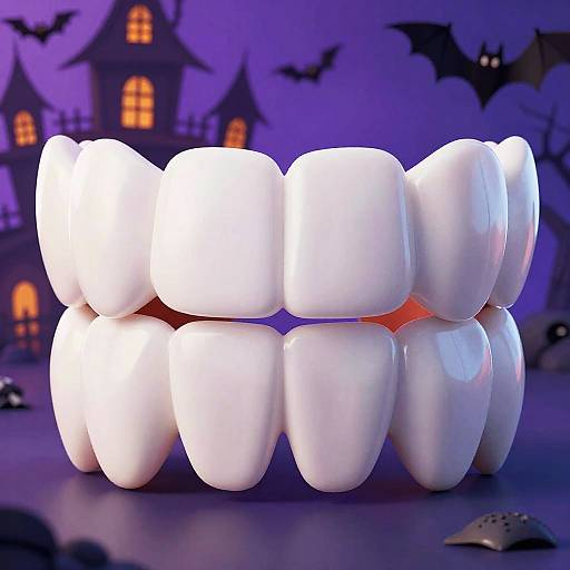 CGI image of glowing white, oversized teeth against a purple background with a Halloween theme, featuring a haunted house and bats.