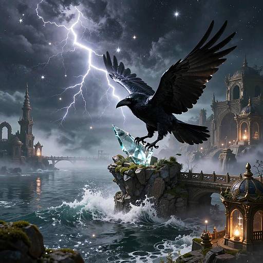 Ethereal Raven Over Ancient Ruins